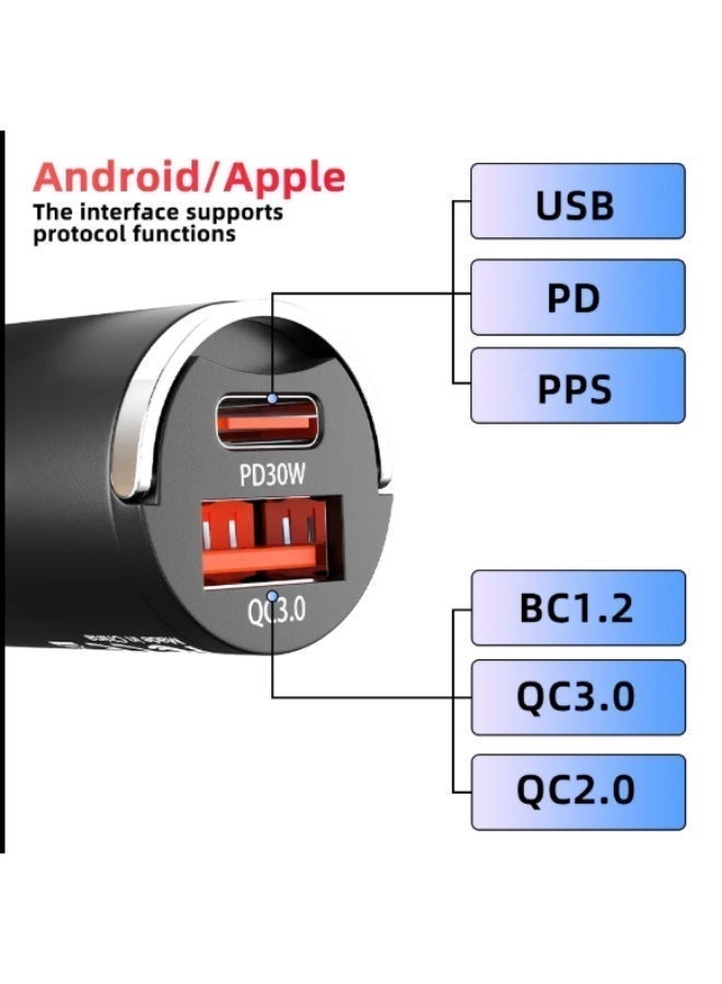 الوي براندز شاحن سيارة سريع قابل للسحب PD30W وQC3.0 – محول معدني بلسان سحب مع منفذ USB | شحن عالي السرعة للهواتف والأجهزة اللوحية والمزيد - Image 1