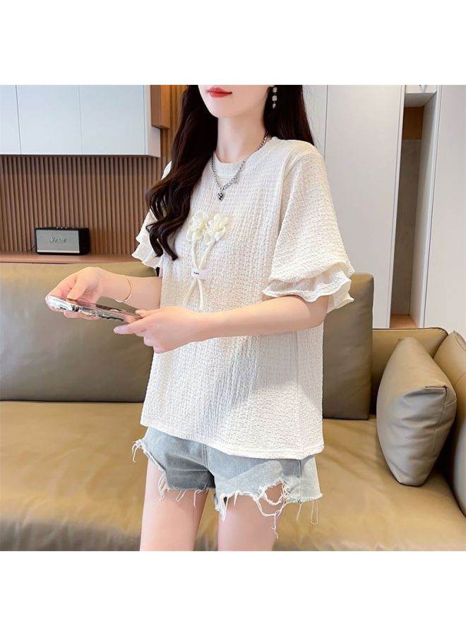 Design Sense Niche Lotus-sleeved Short-sleeved T-shirt Women's Summer Korean-style Loose Plus Size Women's Contrast Color Small Top 