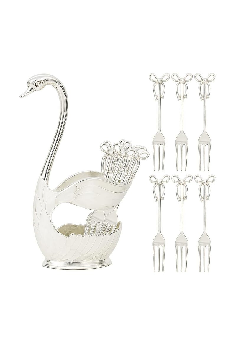 يو كيه آر مجموعة شوك الحلوى الفضية من UKR - 6 قطع شوك صغيرة من الفولاذ المقاوم للصدأ مع حامل أنيق على شكل بجعة شوك فواكه وكعك صغيرة مثالية لحفلات الشاي، الضيوف، والاستخدام المنزلي - Image 1