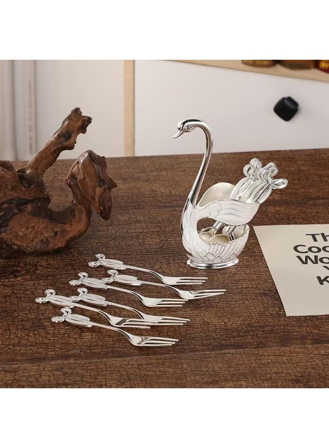يو كيه آر مجموعة شوك الحلوى الفضية من UKR - 6 قطع شوك صغيرة من الفولاذ المقاوم للصدأ مع حامل أنيق على شكل بجعة شوك فواكه وكعك صغيرة مثالية لحفلات الشاي، الضيوف، والاستخدام المنزلي - Image 4