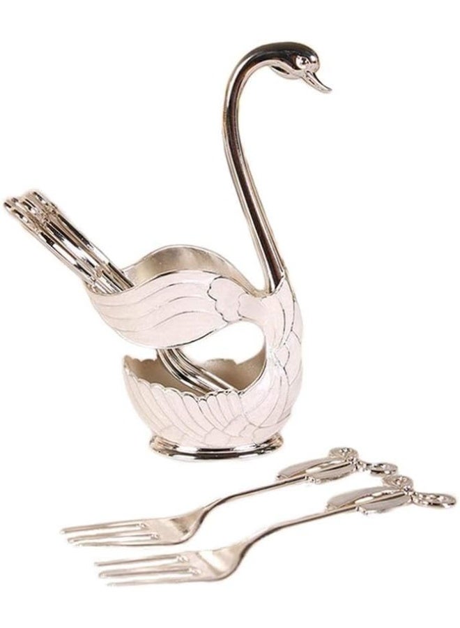 يو كيه آر مجموعة شوك الحلوى الفضية من UKR - 6 قطع شوك صغيرة من الفولاذ المقاوم للصدأ مع حامل أنيق على شكل بجعة شوك فواكه وكعك صغيرة مثالية لحفلات الشاي، الضيوف، والاستخدام المنزلي - Image 2