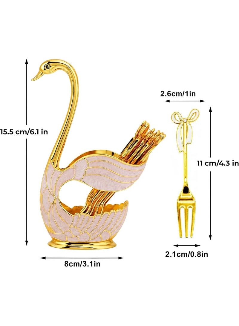 يو كيه آر مجموعة شوك الحلوى الفضية من UKR - 6 قطع شوك صغيرة من الفولاذ المقاوم للصدأ مع حامل أنيق على شكل بجعة شوك فواكه وكعك صغيرة مثالية لحفلات الشاي، الضيوف، والاستخدام المنزلي - Image 5