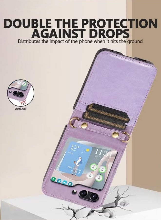 An Protective Case Compatible with Samsung Galaxy Z Flip 6, PU Leather Wallet with Card Holder Shoulder Wrist Straps, Anti-drop Anti-Scratch - Purple  - Image 5