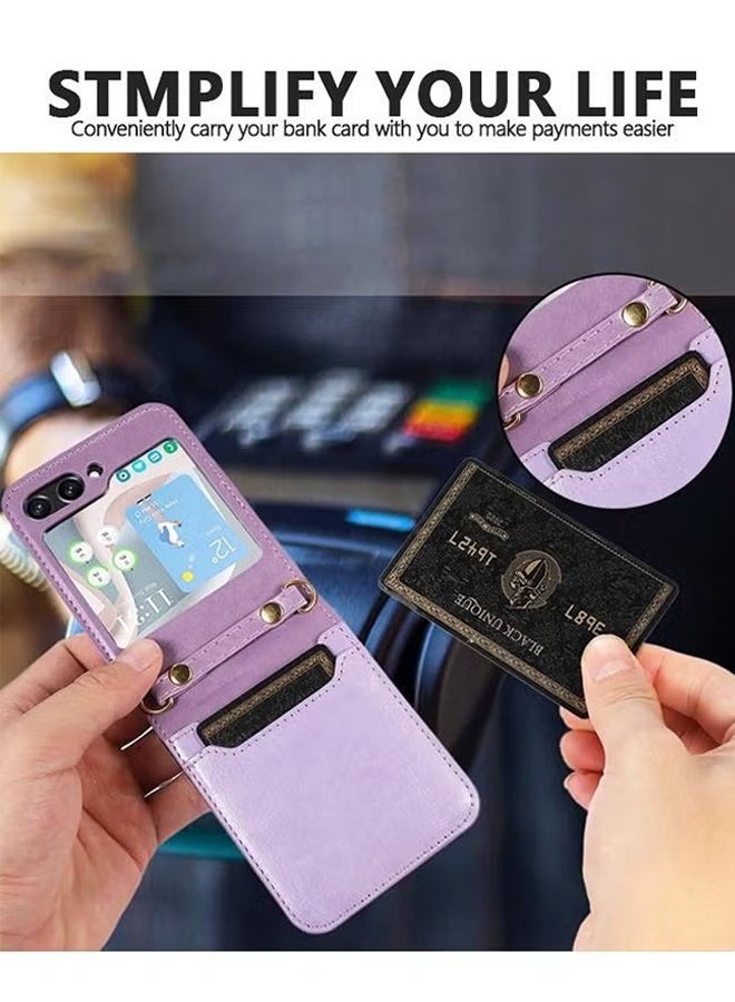 An Protective Case Compatible with Samsung Galaxy Z Flip 6, PU Leather Wallet with Card Holder Shoulder Wrist Straps, Anti-drop Anti-Scratch - Purple  - Image 4