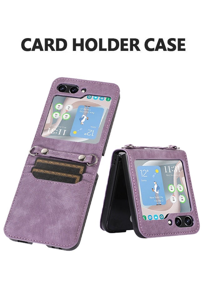 An Protective Case Compatible with Samsung Galaxy Z Flip 6, PU Leather Wallet with Card Holder Shoulder Wrist Straps, Anti-drop Anti-Scratch - Purple  - Image 2