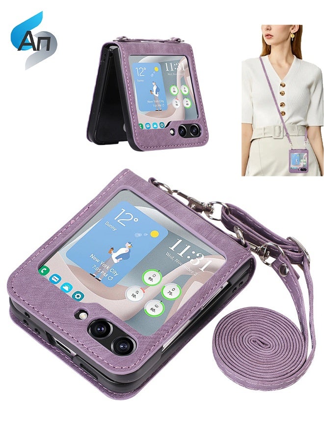 An Protective Case Compatible with Samsung Galaxy Z Flip 6, PU Leather Wallet with Card Holder Shoulder Wrist Straps, Anti-drop Anti-Scratch - Purple  - Image 1