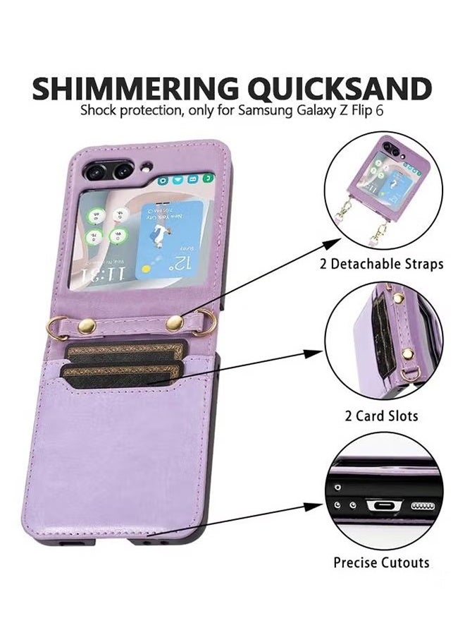 An Protective Case Compatible with Samsung Galaxy Z Flip 6, PU Leather Wallet with Card Holder Shoulder Wrist Straps, Anti-drop Anti-Scratch - Purple  - Image 3
