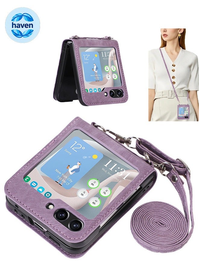 هافن حقيبة واقية متوافقة مع سامسونج جالكسي زي فليب 6، PU المحفظة الجلدية مع بطاقة حامل حزام الكتف الرسغي، مضاد للقذف مضاد للخدش -أرجواني - Image 1