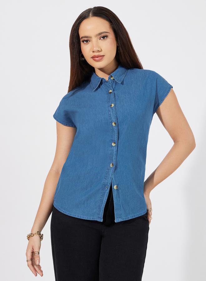 Styli Solid Denim Extended Sleeves Shirt - Image 1