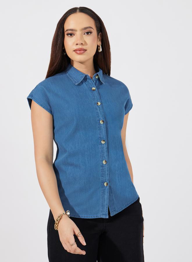 Styli Solid Denim Extended Sleeves Shirt - Image 3