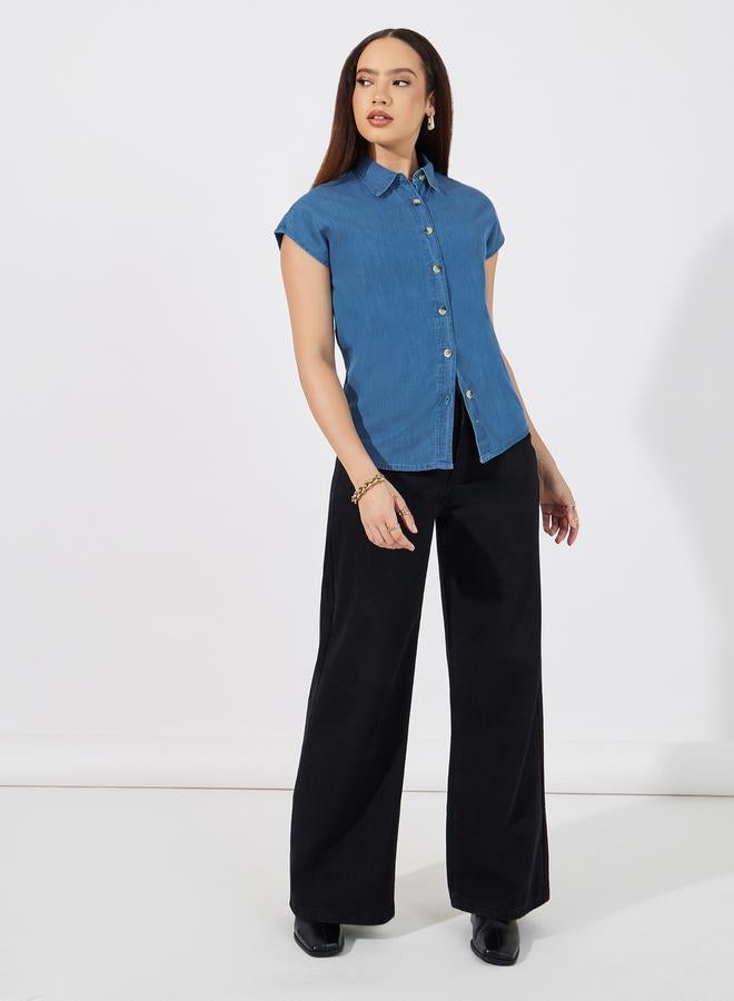 Styli Solid Denim Extended Sleeves Shirt - Image 2