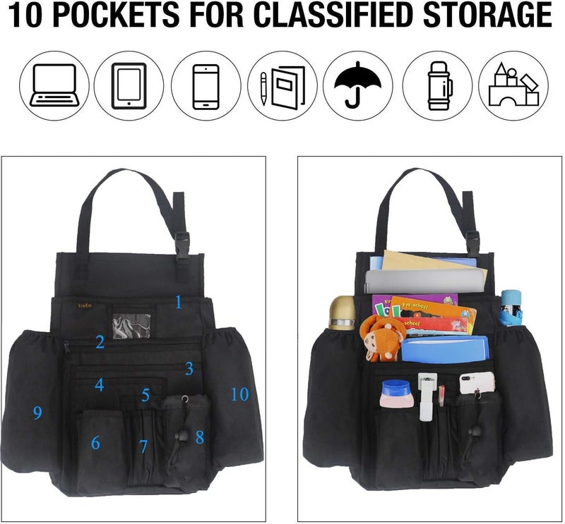 ECWKVN Car Front Seat Organizer - Heavy Duty Vehicle Storage Bag with 10 Multi Pockets for Laptops, Tablets, and Cup Holders, Black - Image 3