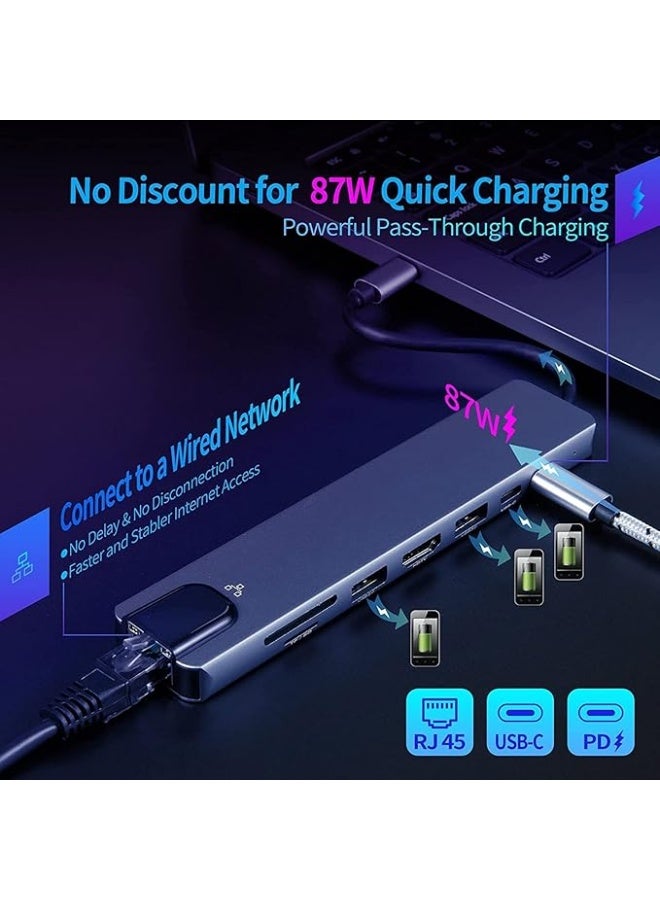 USX MOUNT موزع USB-C مع محول إيثرنت، موزع منافذ USB-C متعدد 8 في 1 مع شحن سريع 100 واط، منفذ HDMI بدقة 4K، منفذ USB 3.0، منفذ Type-C، قارئ بطاقات SD/TF لأجهزة iPhone 15 وMacBook وiPad وSamsung وSurface - Image 2