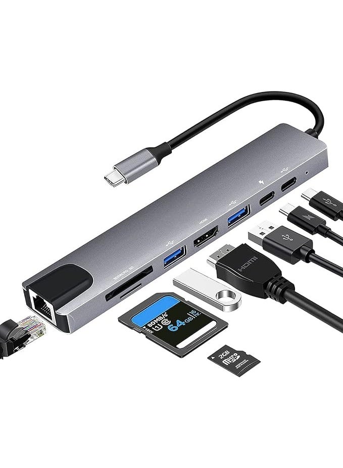 USX MOUNT موزع USB-C مع محول إيثرنت، موزع منافذ USB-C متعدد 8 في 1 مع شحن سريع 100 واط، منفذ HDMI بدقة 4K، منفذ USB 3.0، منفذ Type-C، قارئ بطاقات SD/TF لأجهزة iPhone 15 وMacBook وiPad وSamsung وSurface - Image 1