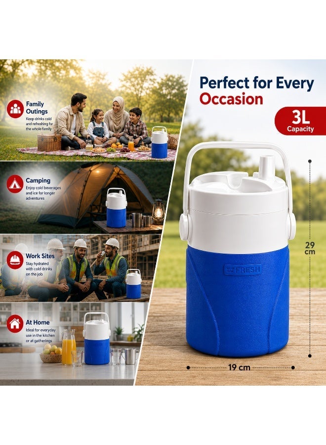 Fresh 3 Liter Plastic Water Cooler | 25 mm Thick Insulated Plastic Ice and Cold Drink Water Bottle | Beverage Container for Trips, Camping, Picnics, Work - Image 2