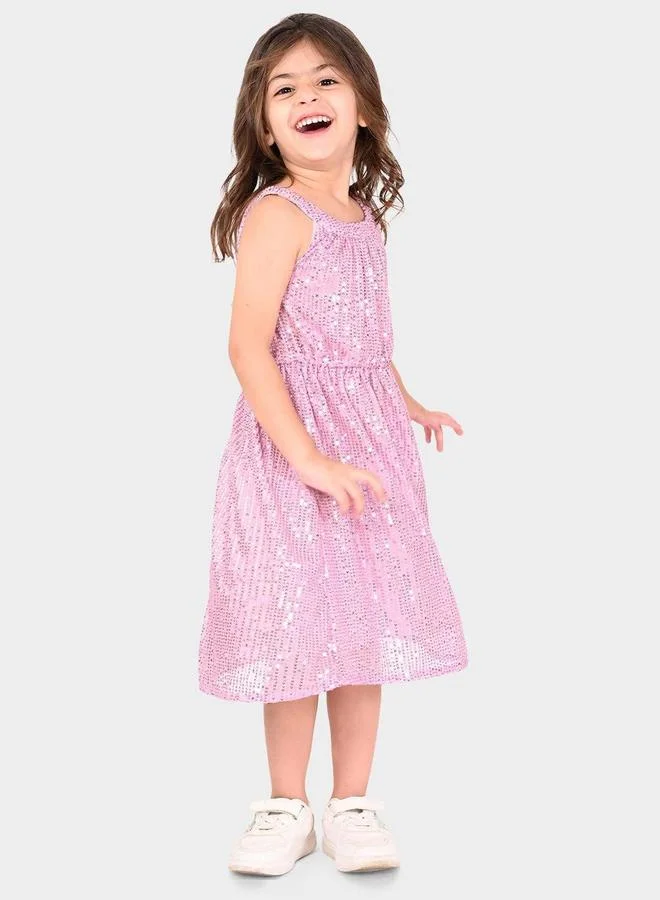 Bonkids Regular Fit Printed Pink Cotton Dresses For Girls Round Neck Flat Collar Pull On 100 % Cotton
