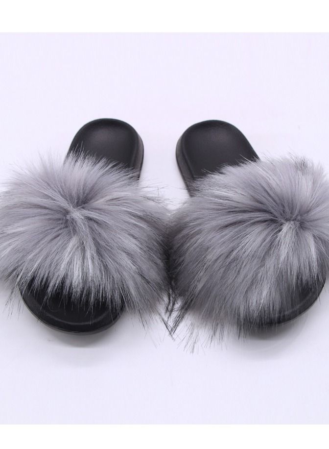 Loquat Women Stylish Casual Faux Fur Open Toe Flat Slippers Sandals Non Slip Homewear Shoes