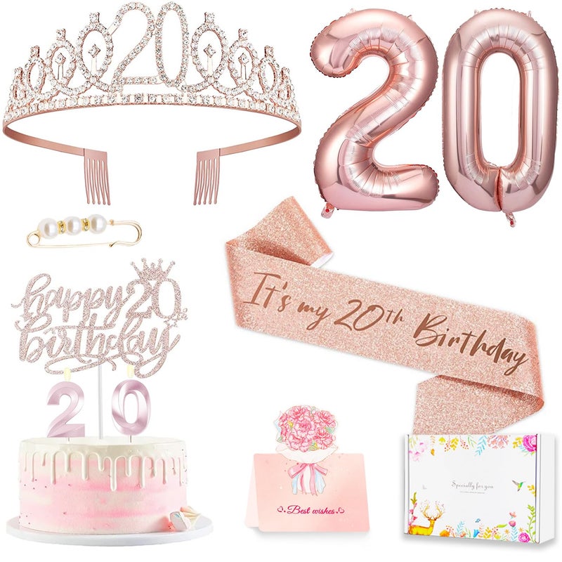 Awfrky 20th Birthday Decorations for Women Birthday Sash and Crown Cake Topper and CandlesNumber Balloons 20th Birthday Gifts for Women 10pcs - Image 2