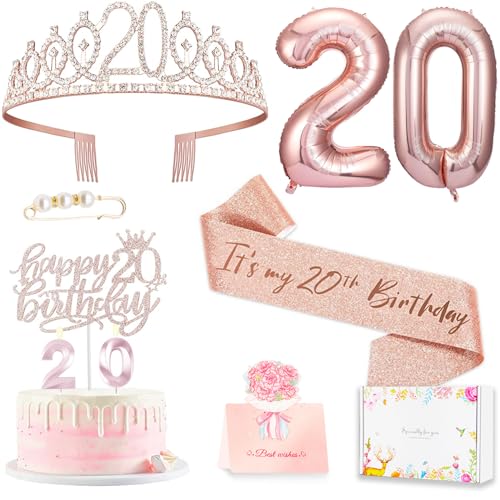Awfrky 20th Birthday Decorations for Women Birthday Sash and Crown Cake Topper and CandlesNumber Balloons 20th Birthday Gifts for Women 10pcs - Image 1