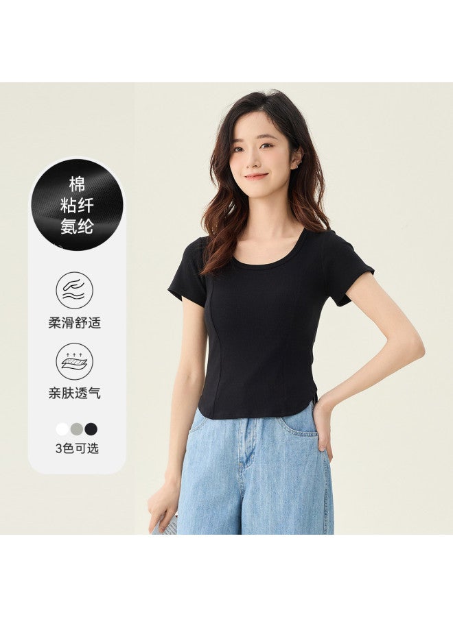 MIIOW Short Ribbed Short-Sleeve T-Shirt With Built-In Bra, Versatile Casual Sports Basic Top - Image 4