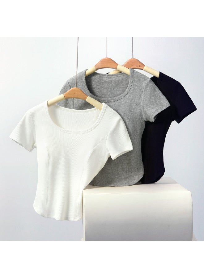 MIIOW Short Ribbed Short-Sleeve T-Shirt With Built-In Bra, Versatile Casual Sports Basic Top - Image 3