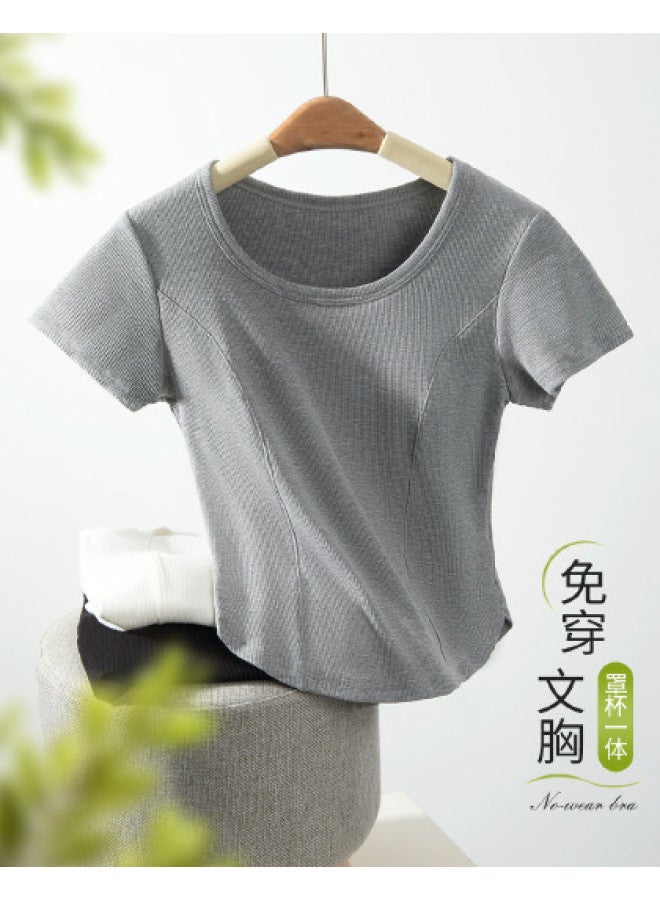 MIIOW Short Ribbed Short-Sleeve T-Shirt With Built-In Bra, Versatile Casual Sports Basic Top - Image 1