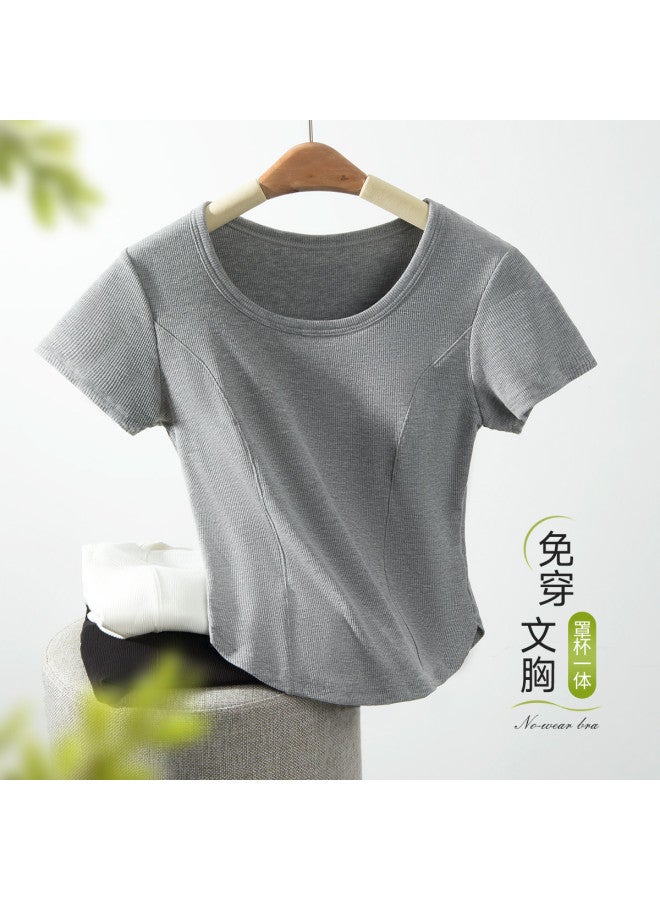 MIIOW Short Ribbed Short-Sleeve T-Shirt With Built-In Bra, Versatile Casual Sports Basic Top - Image 2