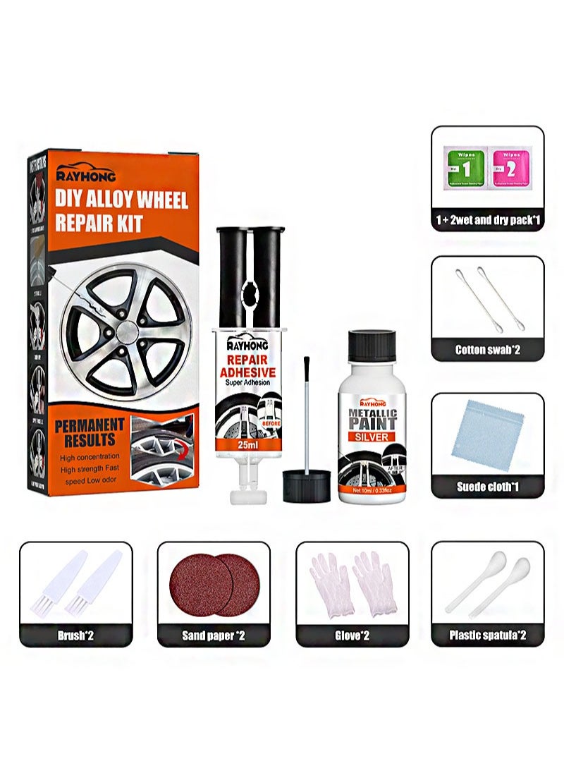 RAYHONG - Alloy Wheel Repair Kit Wheel Scratch Repair Kit Alloy Rim Scratch Repair Kit, Wheel Repair Adhesive Kit Quick Repair Rim Universal Silver - Image 1