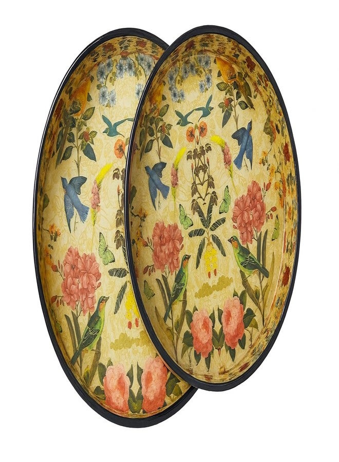 VDIX Handcrafted Round Wooden Serving Tray Set of 2 – Floral & Bird Design Decorative Trays for Coffee, Snacks & Home Décor – Premium Gift for Kitchen & Dining (V-2) - Image 3