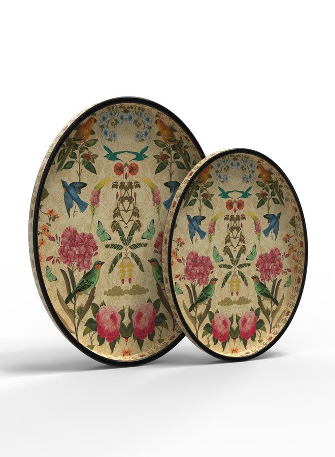 VDIX Handcrafted Round Wooden Serving Tray Set of 2 – Floral & Bird Design Decorative Trays for Coffee, Snacks & Home Décor – Premium Gift for Kitchen & Dining (V-2) - Image 1