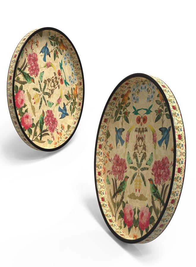 VDIX Handcrafted Round Wooden Serving Tray Set of 2 – Floral & Bird Design Decorative Trays for Coffee, Snacks & Home Décor – Premium Gift for Kitchen & Dining (V-2) - Image 2