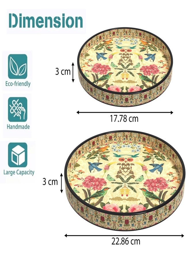 VDIX Handcrafted Round Wooden Serving Tray Set of 2 – Floral & Bird Design Decorative Trays for Coffee, Snacks & Home Décor – Premium Gift for Kitchen & Dining (V-2) - Image 5