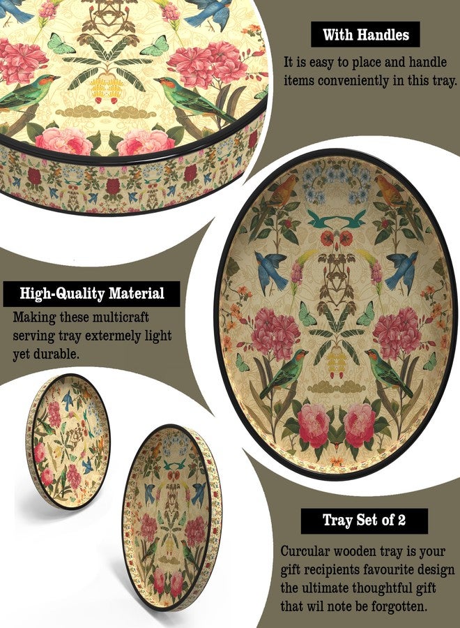 VDIX Handcrafted Round Wooden Serving Tray Set of 2 – Floral & Bird Design Decorative Trays for Coffee, Snacks & Home Décor – Premium Gift for Kitchen & Dining (V-2) - Image 4