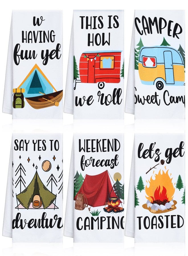Kingdder 6 Pcs Camper Dish Kitchen Towels Funny Sayings Happy Camping Hand Towels 16 x 24 Inches Housewarming Farmhouse Gift Camping Accessories for RV Campers - Image 1