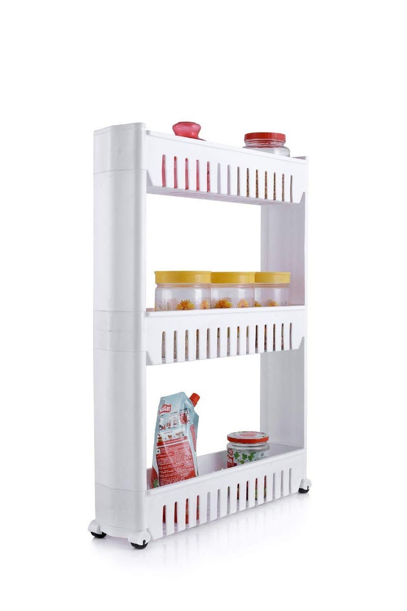 Fayby 3 Layer Slim Side Space Saving Storage Organizer Rack Shelves Plastic Multipurpose Slim Kitchen Organizer Storage Rack with Wheels for Home Bedroom Bathroom White - Image 1