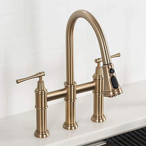 KRAUS Allyn Transitional Bridge Kitchen Faucet with Pull-Down Sprayhead in Brushed Gold, KPF-3121BG - Image 2