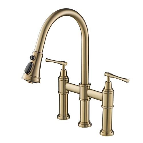 KRAUS Allyn Transitional Bridge Kitchen Faucet with Pull-Down Sprayhead in Brushed Gold, KPF-3121BG - Image 1