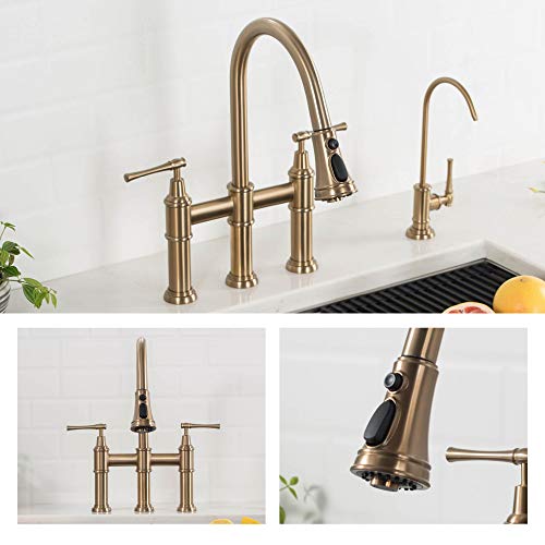 KRAUS Allyn Transitional Bridge Kitchen Faucet with Pull-Down Sprayhead in Brushed Gold, KPF-3121BG - Image 3