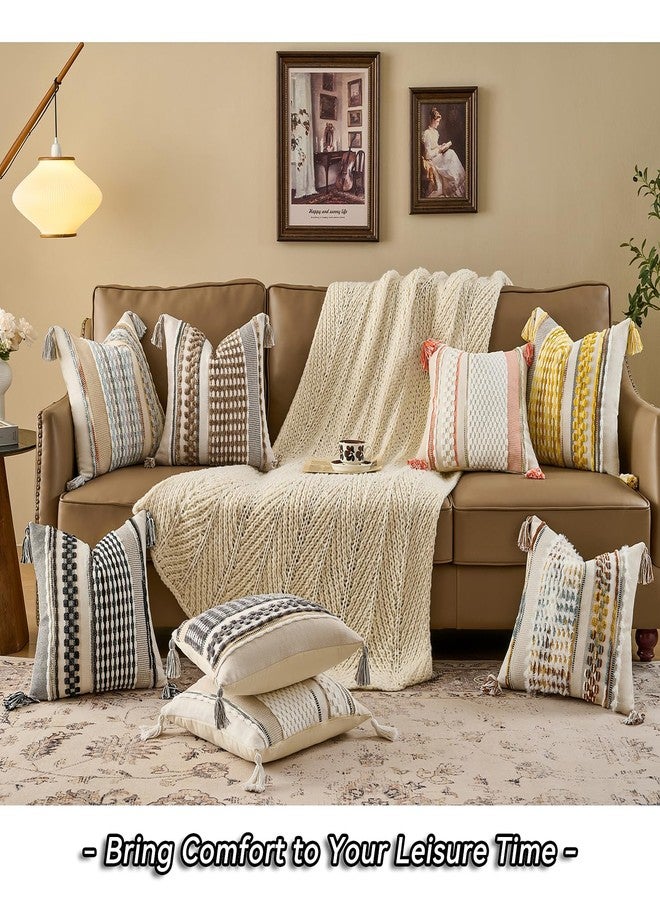 AmHoo Set of 2 Chenille Striped Textured Boho Throw Pillow Covers Aesthetic with Tassels Woven Decorative Pillow Case for Couch Bed Sofa Bedroom Modern Funky 18 x 18-Inch Yellow - Image 5