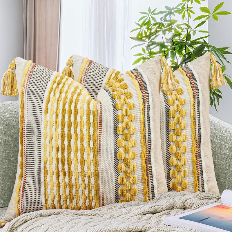 AmHoo Set of 2 Chenille Striped Textured Boho Throw Pillow Covers Aesthetic with Tassels Woven Decorative Pillow Case for Couch Bed Sofa Bedroom Modern Funky 18 x 18-Inch Yellow - Image 1
