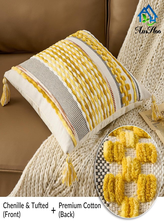 AmHoo Set of 2 Chenille Striped Textured Boho Throw Pillow Covers Aesthetic with Tassels Woven Decorative Pillow Case for Couch Bed Sofa Bedroom Modern Funky 18 x 18-Inch Yellow - Image 2