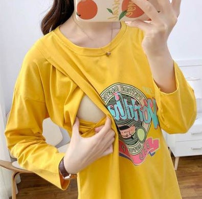 Postpartum Nursing Top Thin Long Sleeve Tee for New Moms Yellow# Alphabet Car 