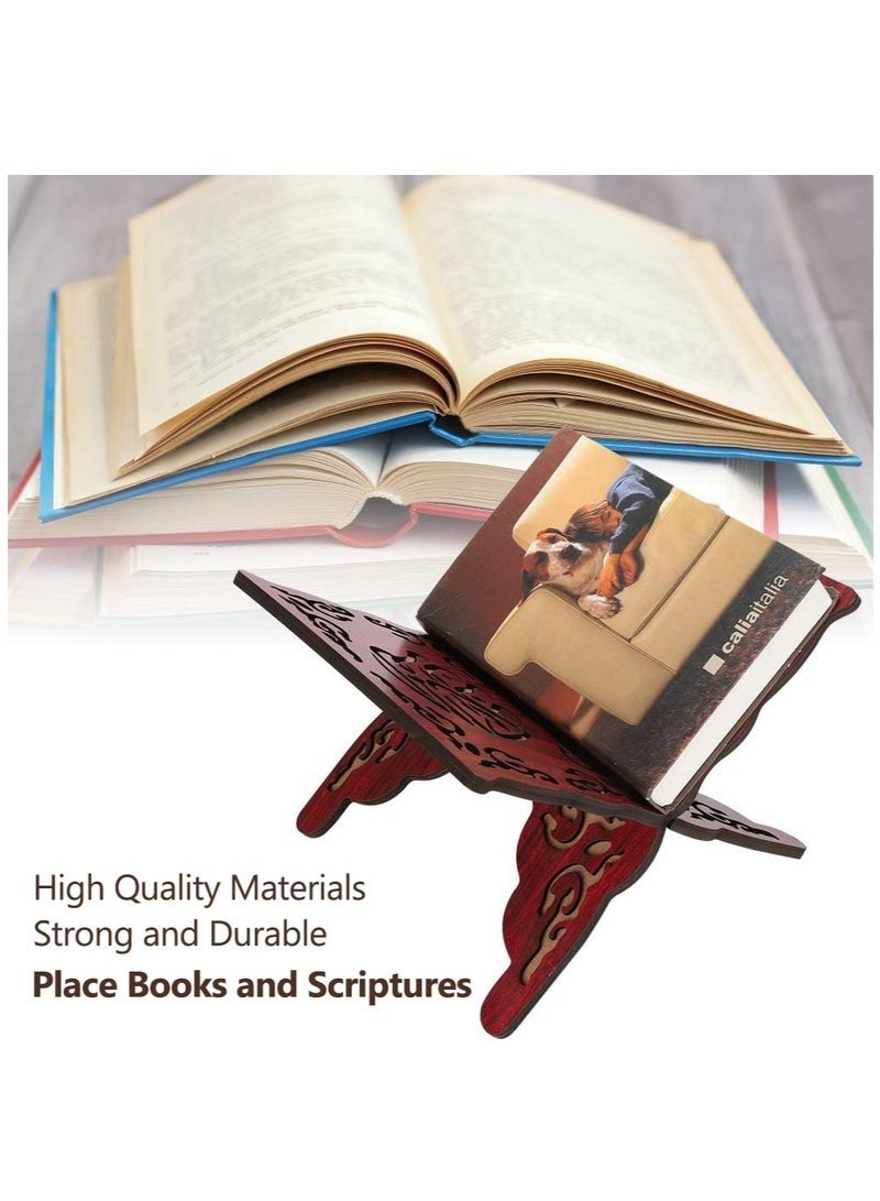 Forest Home Quran Book Holder, Muslim Book Stand with Wood Carving Pattern, Bible Bookcase for Home, Office (Dark Red) - Image 2