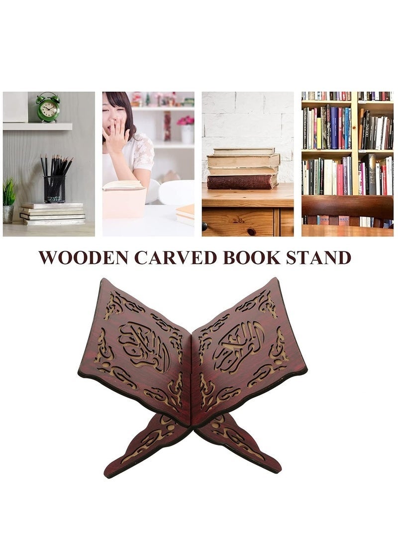Forest Home Quran Book Holder, Muslim Book Stand with Wood Carving Pattern, Bible Bookcase for Home, Office (Dark Red) - Image 5