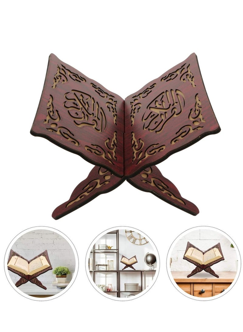 Forest Home Quran Book Holder, Muslim Book Stand with Wood Carving Pattern, Bible Bookcase for Home, Office (Dark Red) - Image 1