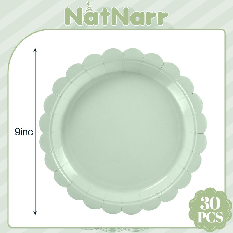 NatNarr أطباق ورقية خضراء حكيم 30 قطعة 9 بوصة قابلة للتصرف مزينة بحواف لطيفة لأطباق الحلوى وحفلات العشاء لحفلات استقبال المواليد والزفاف وحفلات الزفاف - Image 1