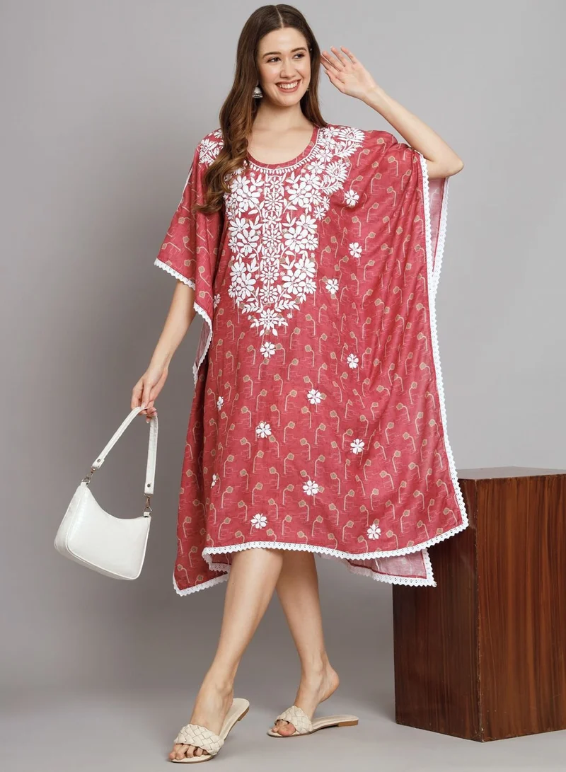 Alaya Hand Embroidered Chikankari Floral Print Cotton Midi Kaftan-AL3647