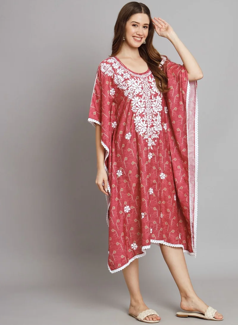 Alaya Hand Embroidered Chikankari Floral Print Cotton Midi Kaftan-AL3647