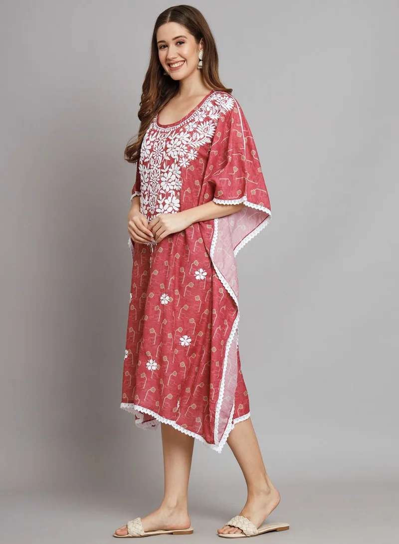 Alaya Hand Embroidered Chikankari Floral Print Cotton Midi Kaftan-AL3647