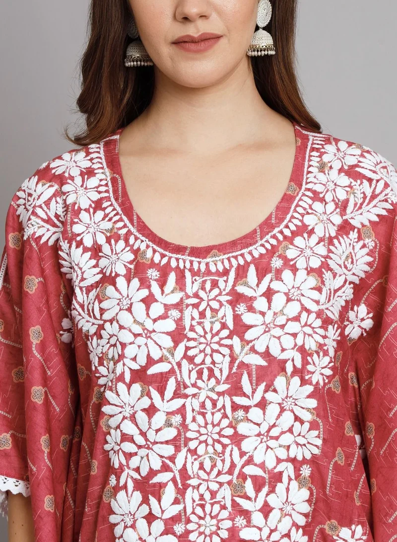 Alaya Hand Embroidered Chikankari Floral Print Cotton Midi Kaftan-AL3647